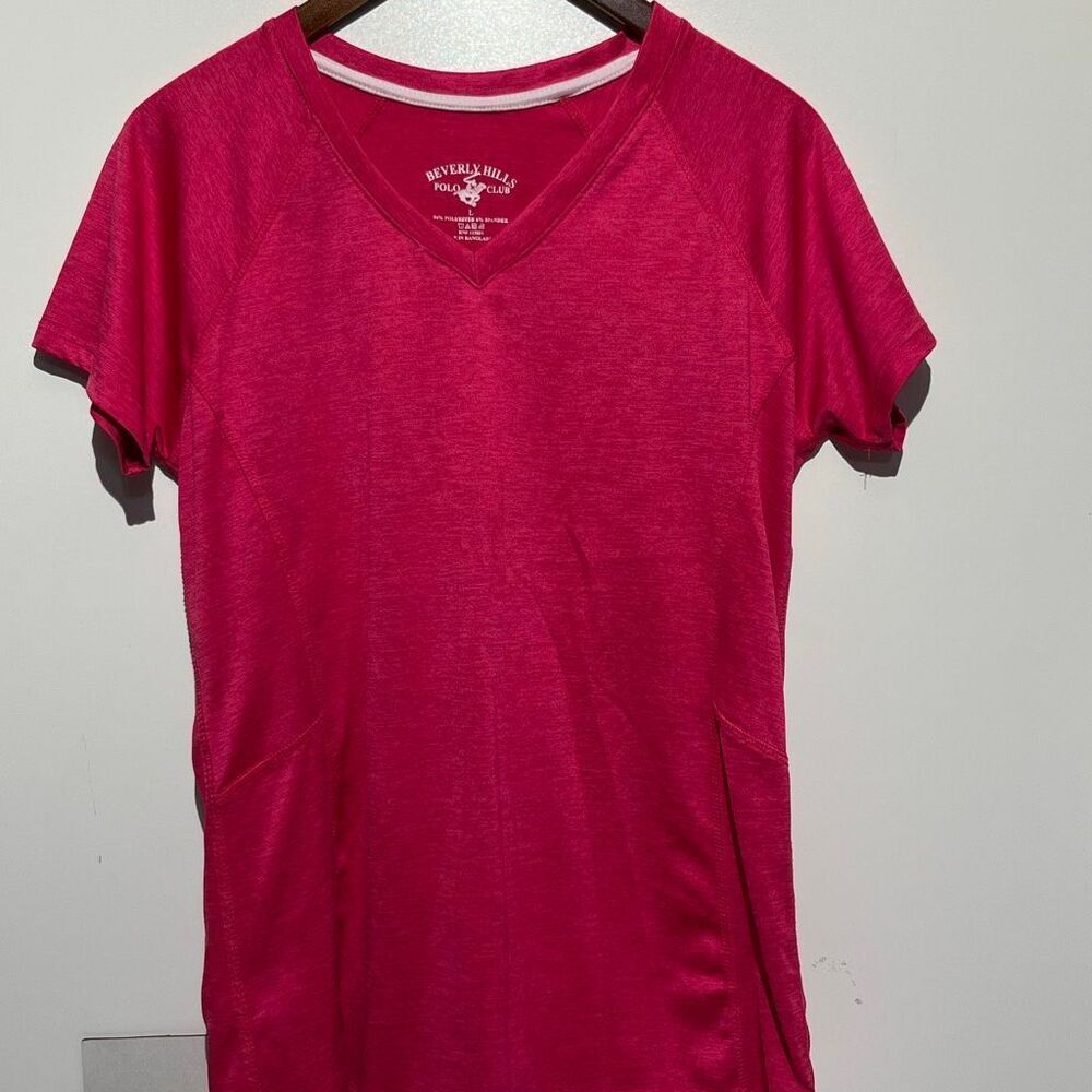 Beverly Hills Polo Club Women's Pink V-Neck Raglan Short Sleeve T-Shirt Large